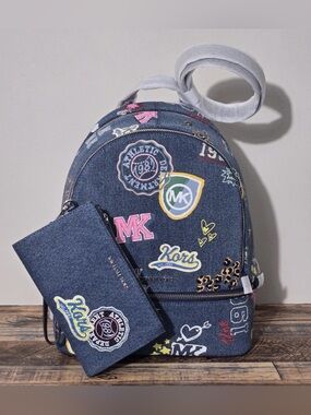 NWT Michael Kors Rhea Denim Backpack And Wallet Set